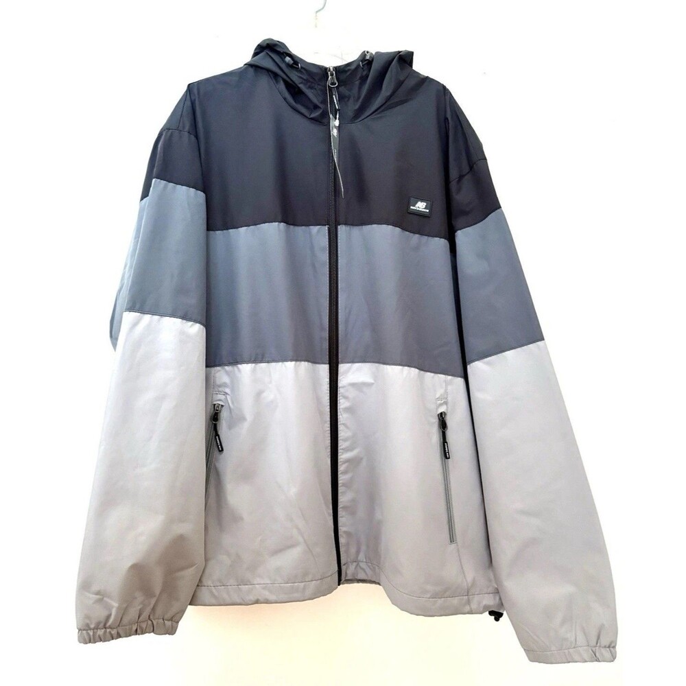 NWT Mens New Balance Gray Striped Hooded Wind Jacket Size L